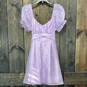 NWT Allison + Kelly Mini Dress L Polka Dot Puff Babydoll Bow Frilly Purple Boho